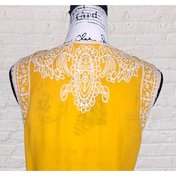 Solitaire Floral Embroidered Tunic Tank Top Womens SM Yellow Blouse Boho Cottage - Picture 4 of 7